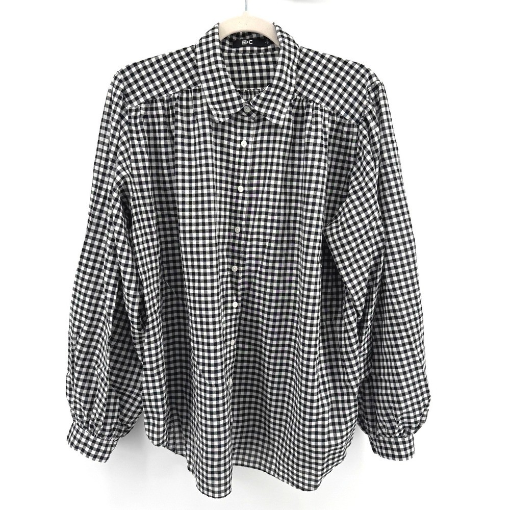 Uniqlo C Gingham Blouse Women Large Black White Checkered Puff Sleeve Coquette